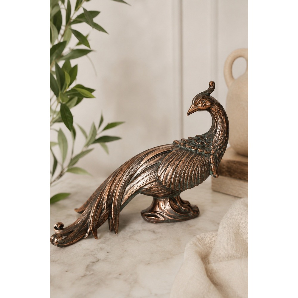 Vintage Copper Tone Peacock Figurine Hollywood Regency Bird Shelf Decor